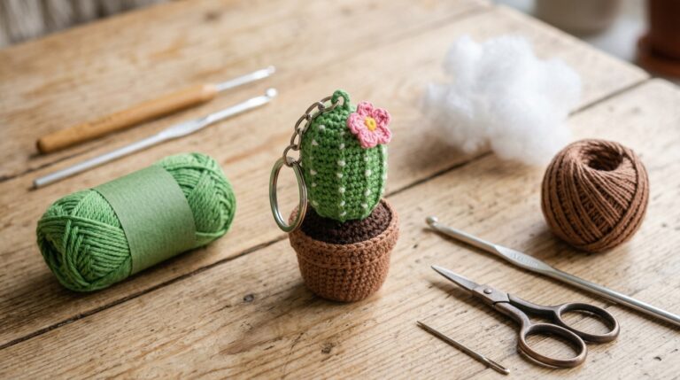 Crochet Cactus Keychain Free Pattern (Cute Mini Plant Accessory)