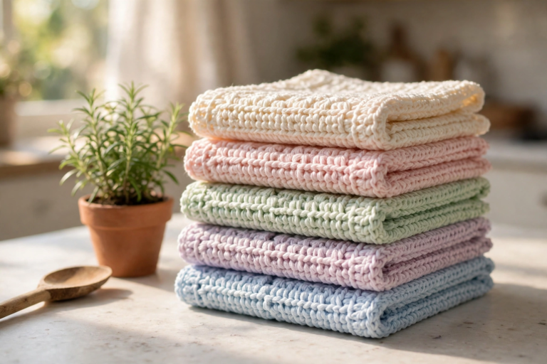 A neat stack of handmade cotton cloths from our crochet dishcloths free patterns, folded on a bright kitchen counter