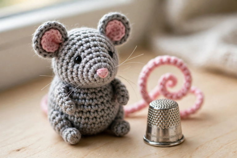 Finished tiny crochet mouse in soft grey yarn with pink ears and a long pink tail, sitting beside a silver thimble for scale