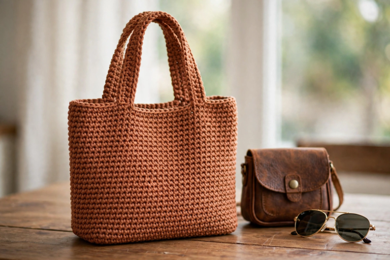 Finished everyday handbag from our crochet handbag patterns collection, in terracotta cotton with sturdy handles standing upright
