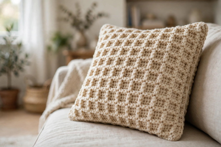 Finished cream waffle stitch pillow with deep waffle texture on a linen sofa