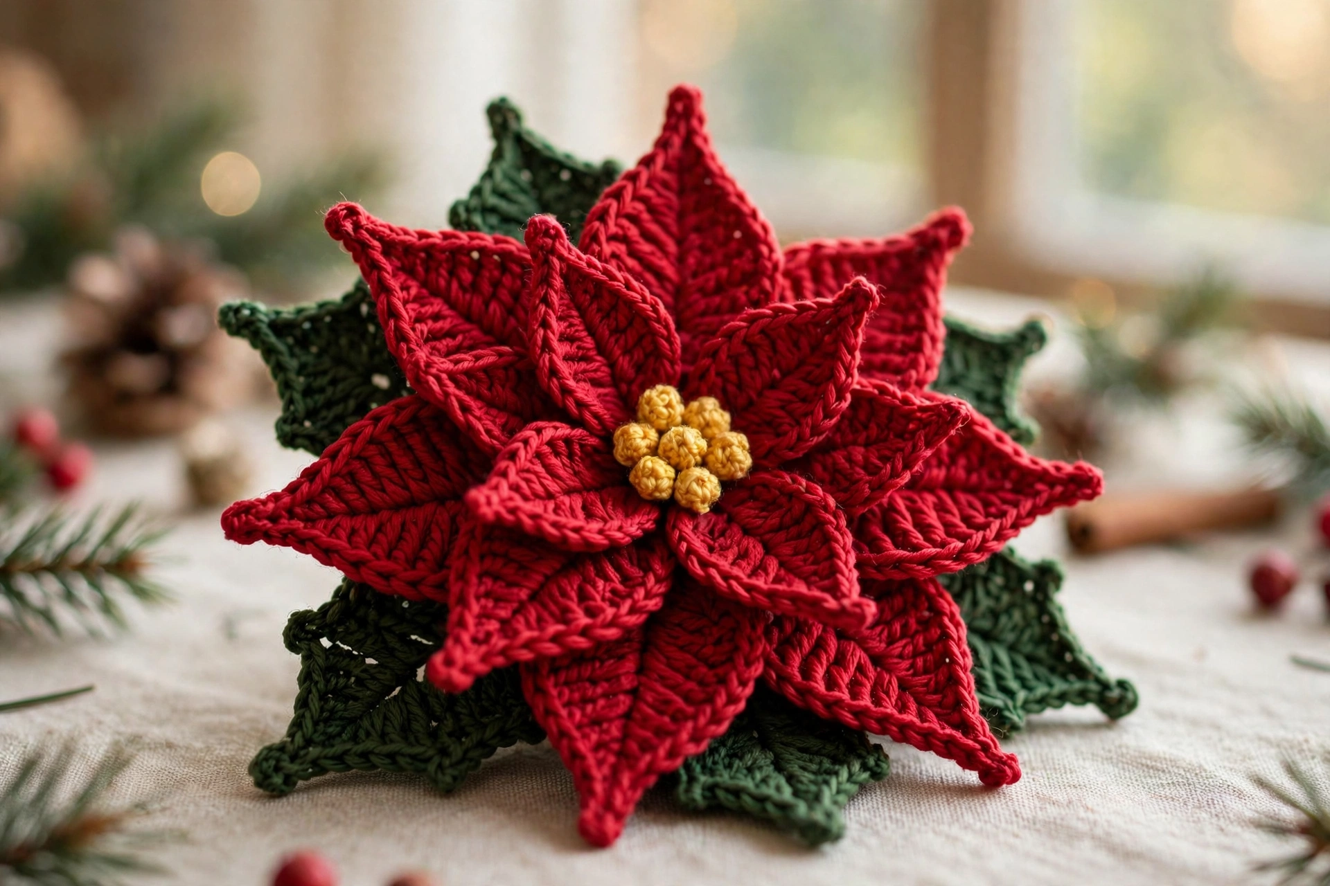 Finished poinsettia crochet flower pattern with layered red petals, a golden bobble centre and green leaves arranged on a festive table
