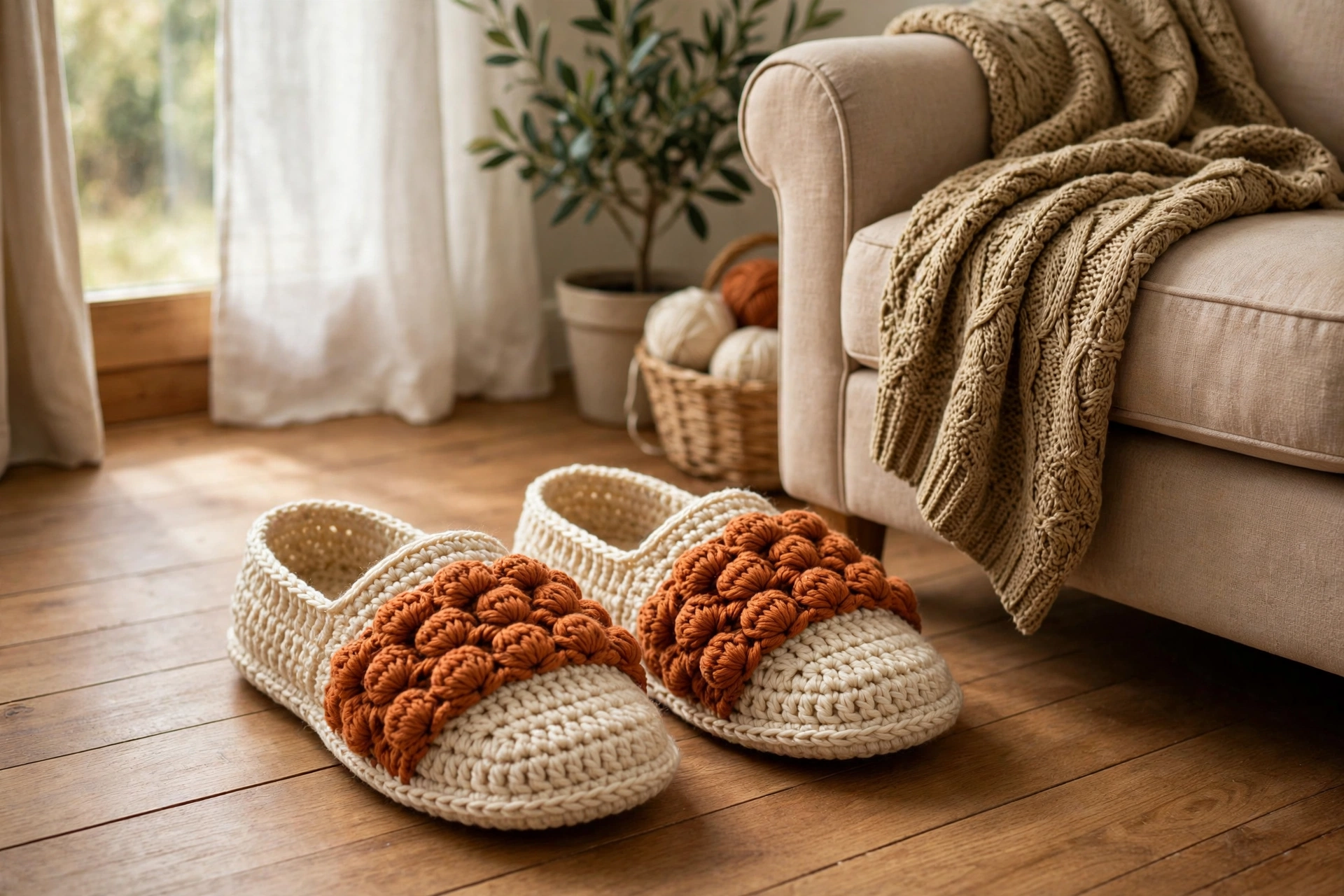 Finished pair of cream braid stitch slippers crochet pattern with a rust puff stitch braid band, on a wooden floor beside a cosy armchair