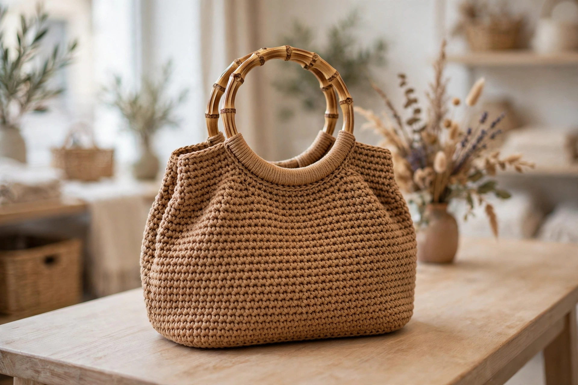 Finished elegant crochet handbag pattern in camel cotton with bamboo handles on a boutique table