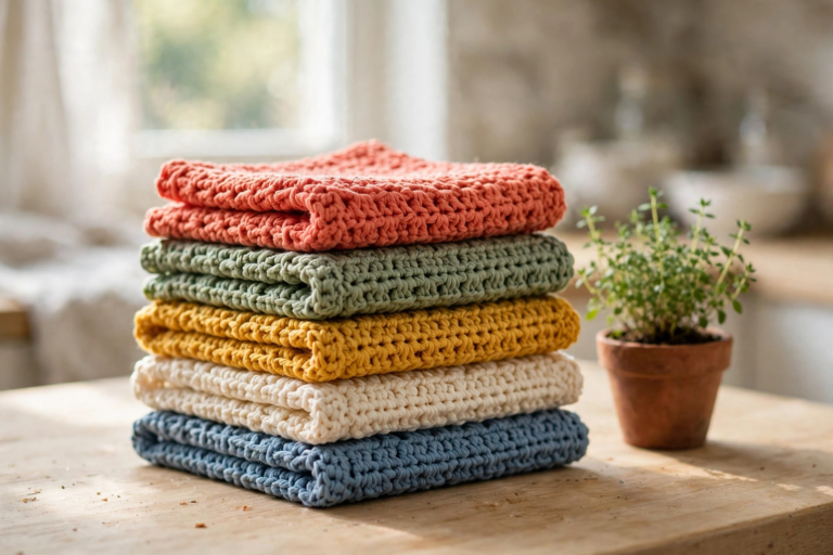 A stack of colourful handmade cloths from our favourite crochet dishcloth patterns in a bright kitchen