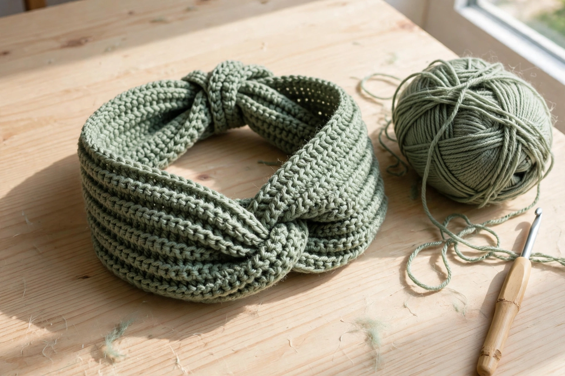 Finished sage green crochet headband pattern with a twist front, styled on a light wooden table