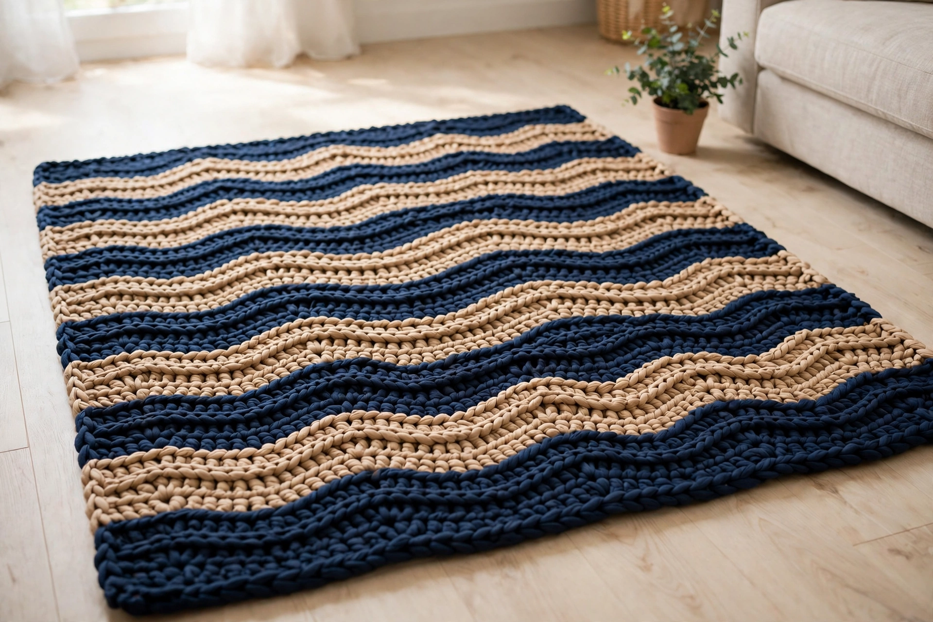 Finished wave carpet crochet pattern rug with navy and sand ripple stripes on a light wood floor