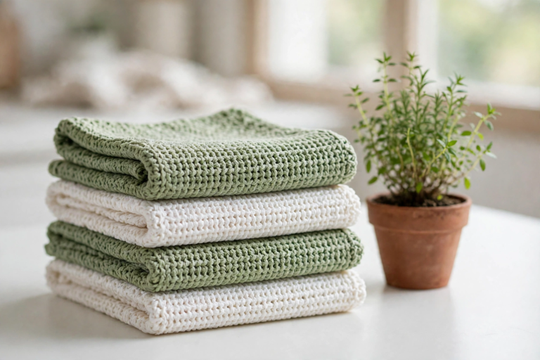 Finished sage green and white dishcloths made with the moss stitch crochet pattern, folded beside a potted herb