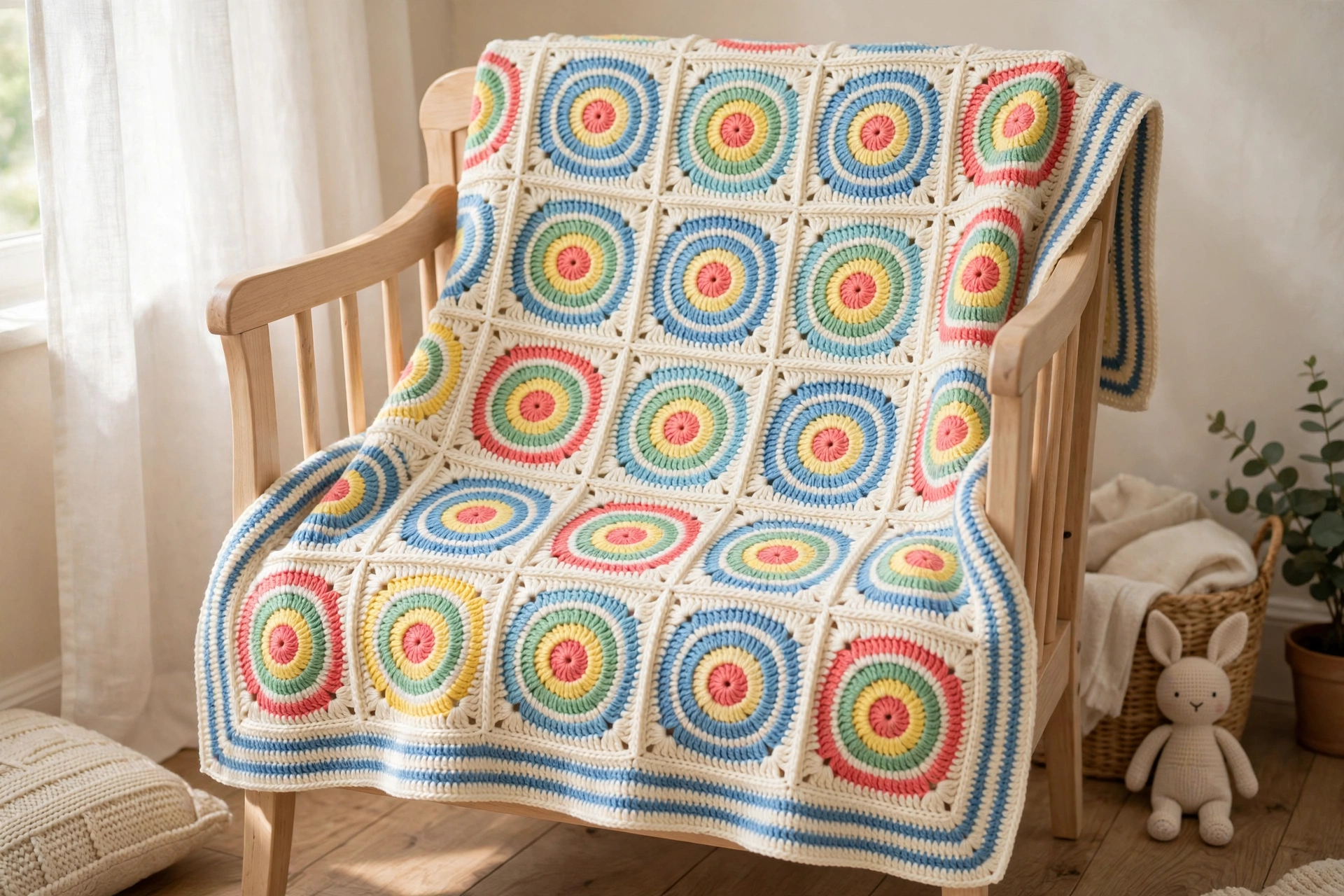 Finished baby blanket made with the stripy motif crochet pattern, colourful striped squares joined with cream yarn on a nursery chair