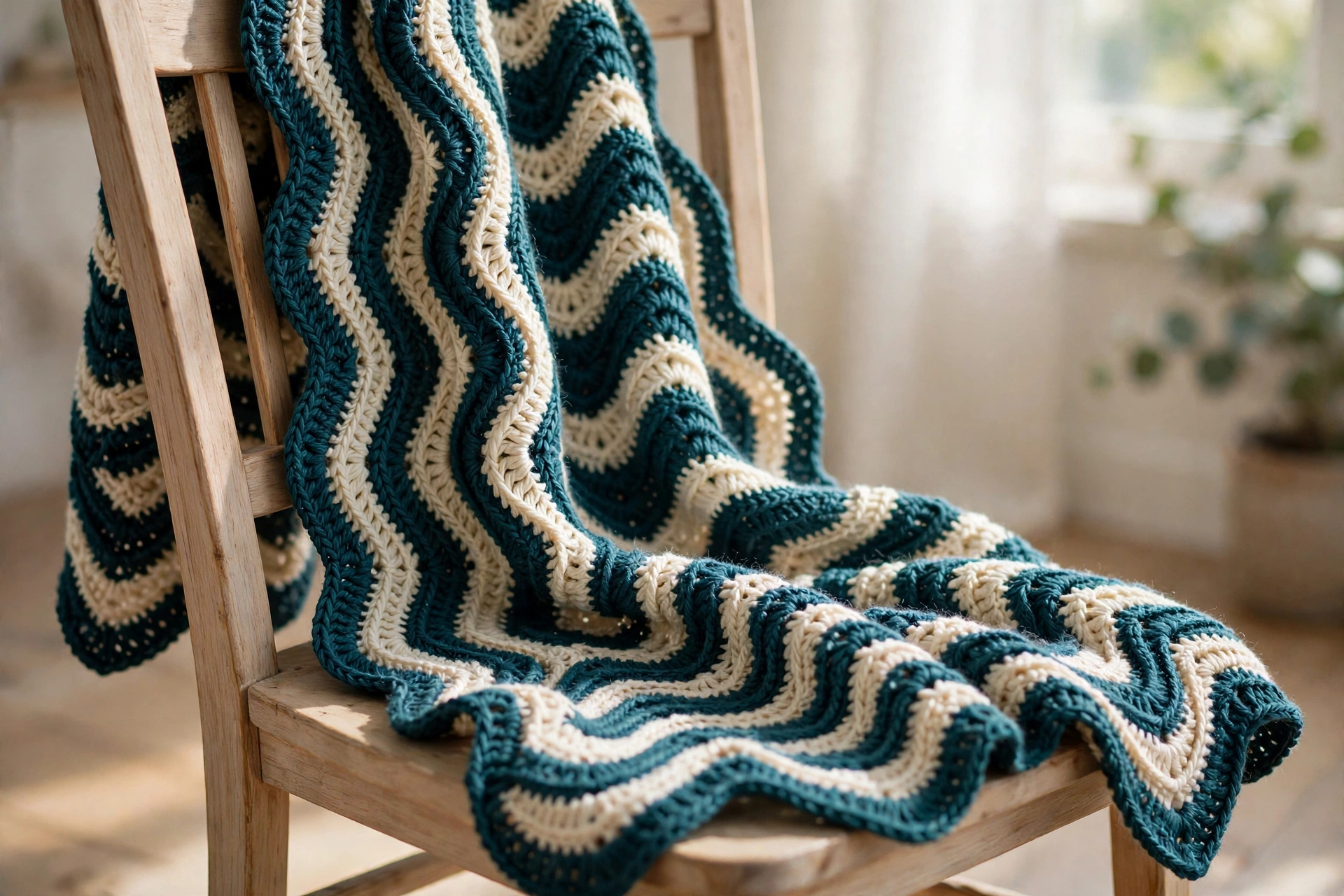 Finished serpentine stitch crochet pattern scarf in teal and cream waves draped over a wooden chair