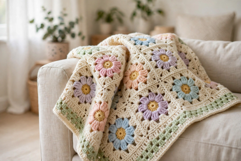 Finished flowers blanket crochet pattern with cream squares and soft pastel flower motifs draped over a sofa