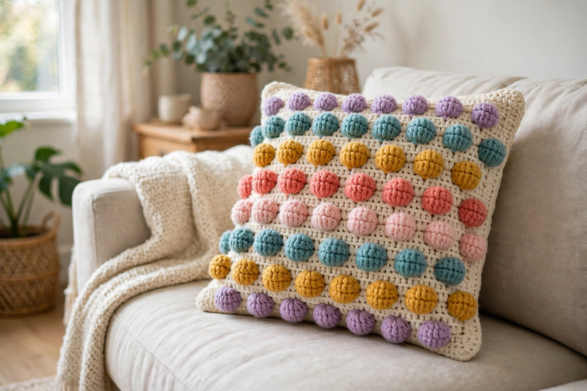Finished cushion made with the pompom stitch crochet pattern, cream crochet fabric covered in colourful raised pompoms