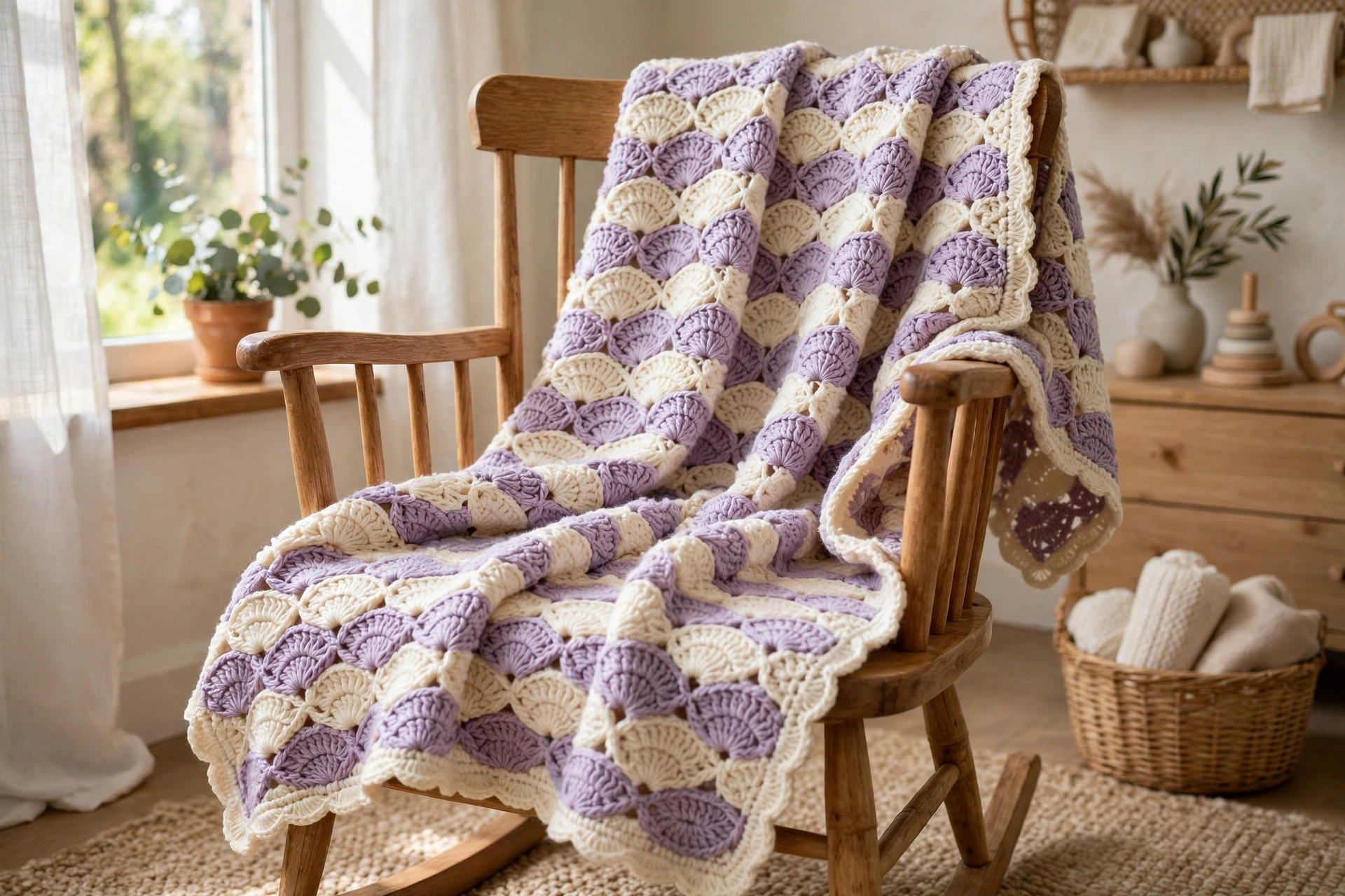 Finished baby blanket made with the fan stitch crochet pattern in soft lilac and cream shell fans draped over a nursery chair