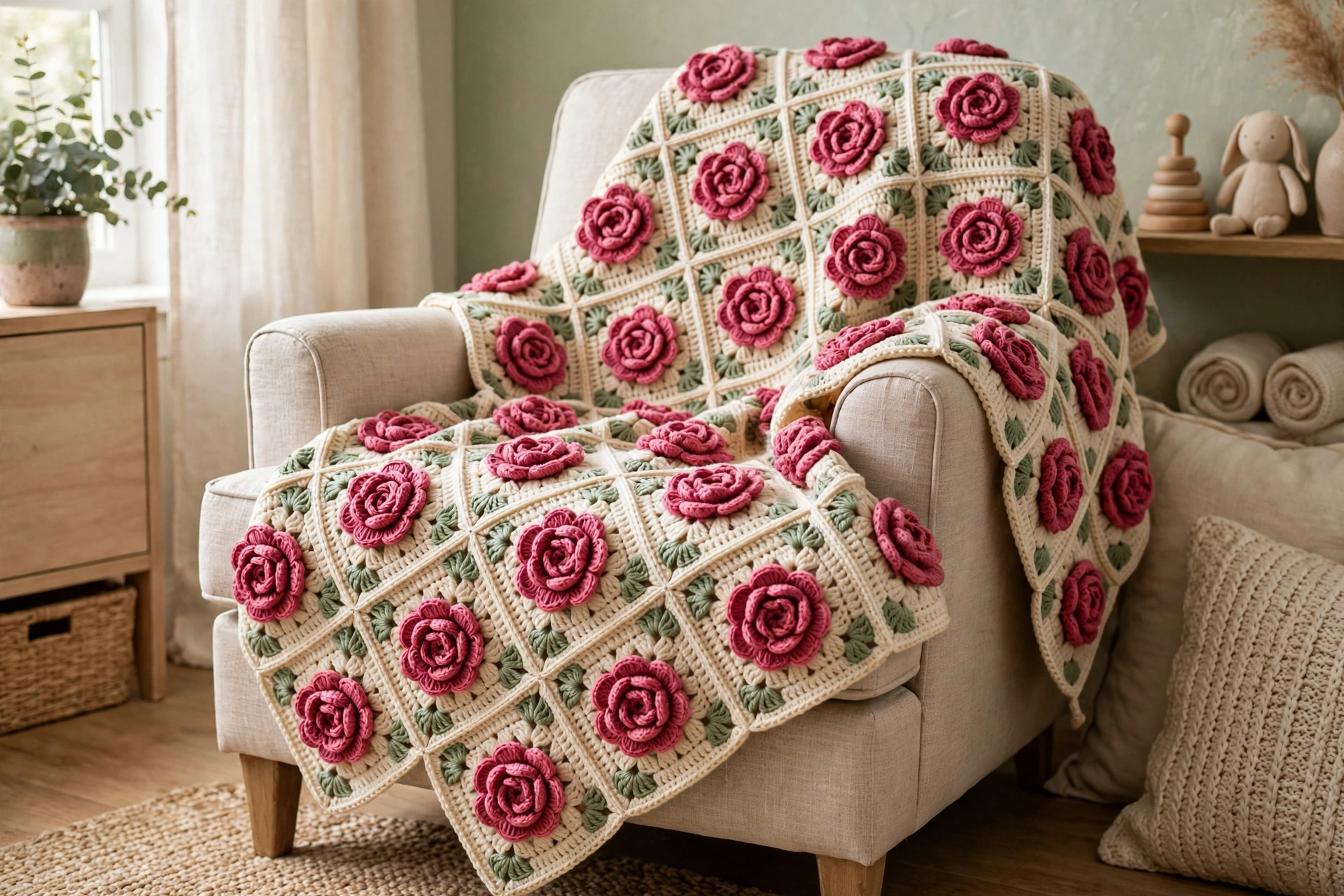 Finished rose square blanket crochet pattern with cream squares and deep pink 3D rose motifs draped over a nursery chair