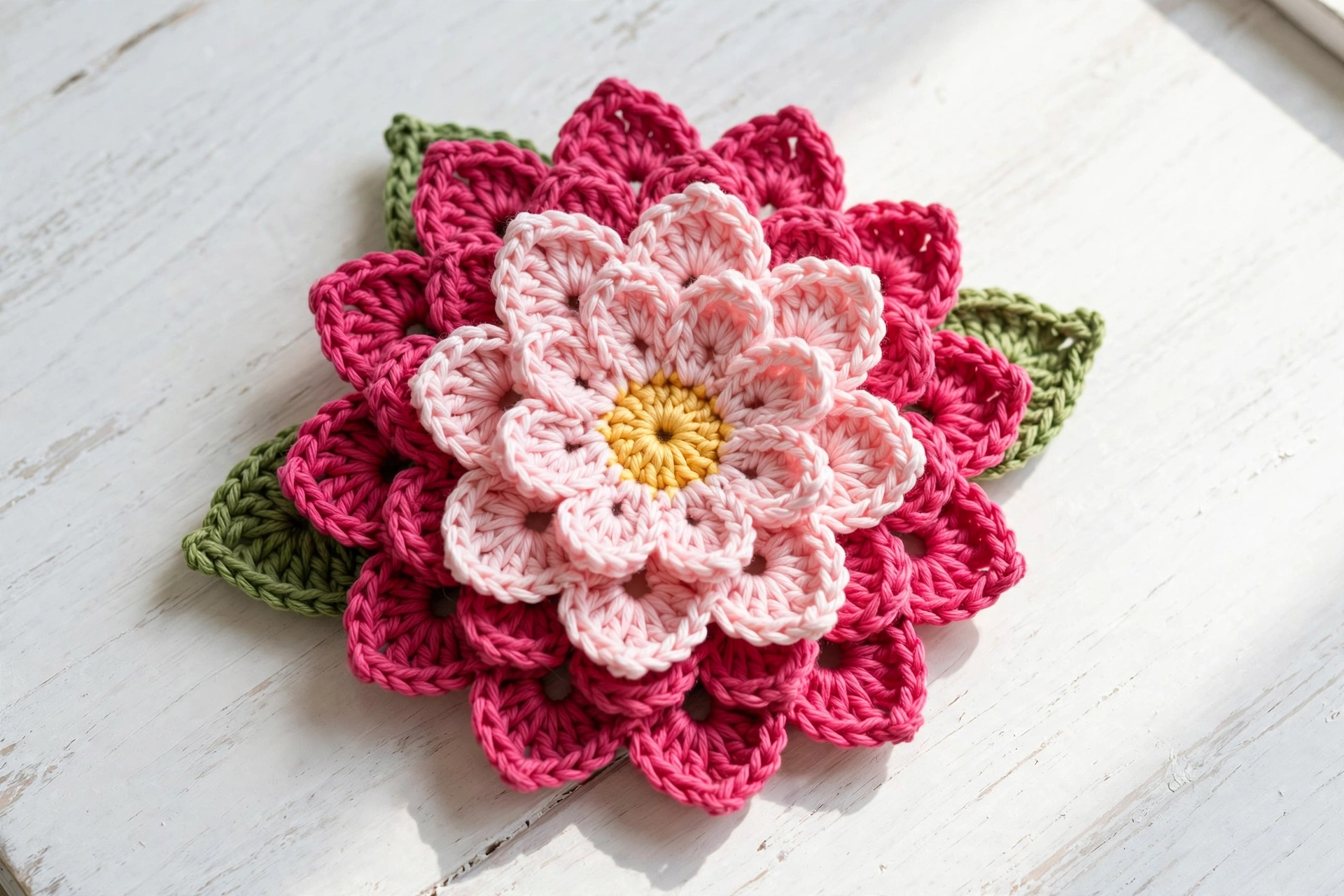 Finished layered 12 petal flower crochet pattern with deep pink and blush petals and green leaves on a bright table