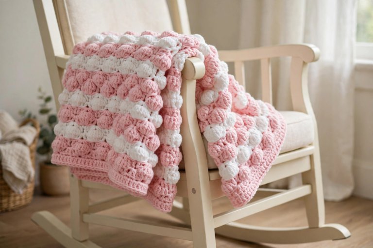 Finished pink and white cotton candy crochet pattern baby blanket with a soft puffy texture, folded on a nursery chair