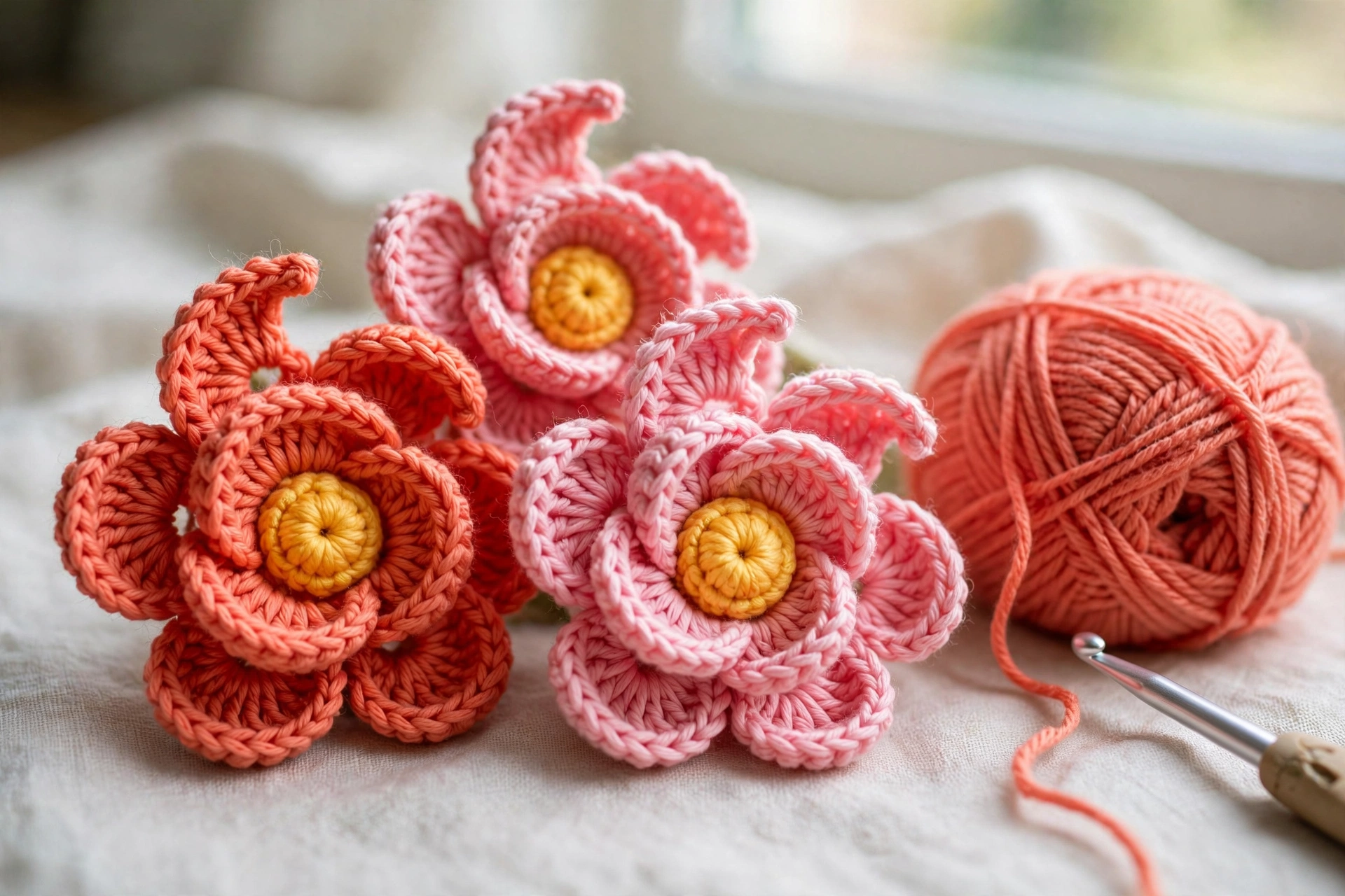 Finished 3D spiral flower crochet pattern blooms in coral and pink with golden centres beside a ball of coral yarn