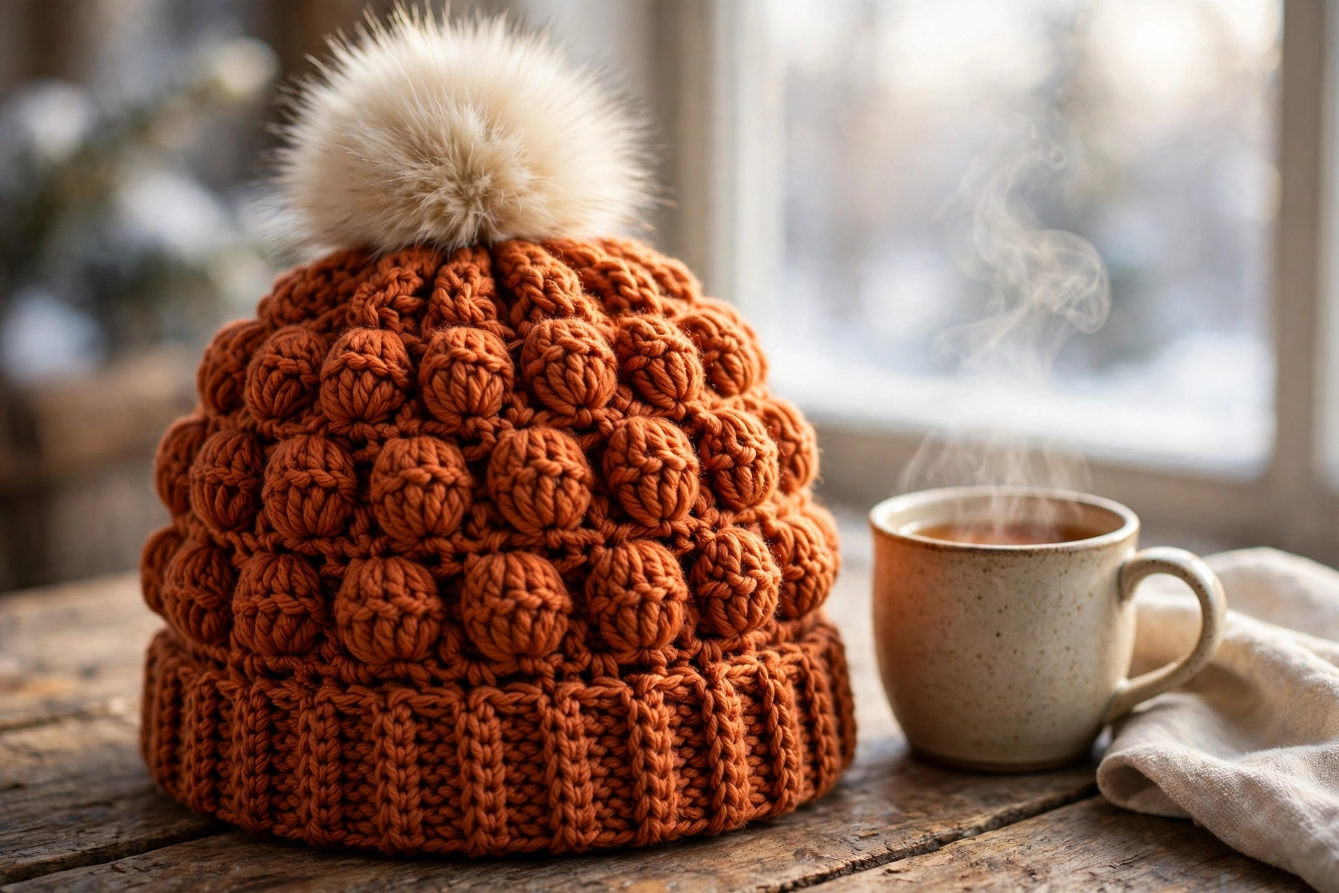 Finished rust puff stitch hat crochet pattern beanie with a cream faux fur pompom on a wooden table beside a mug
