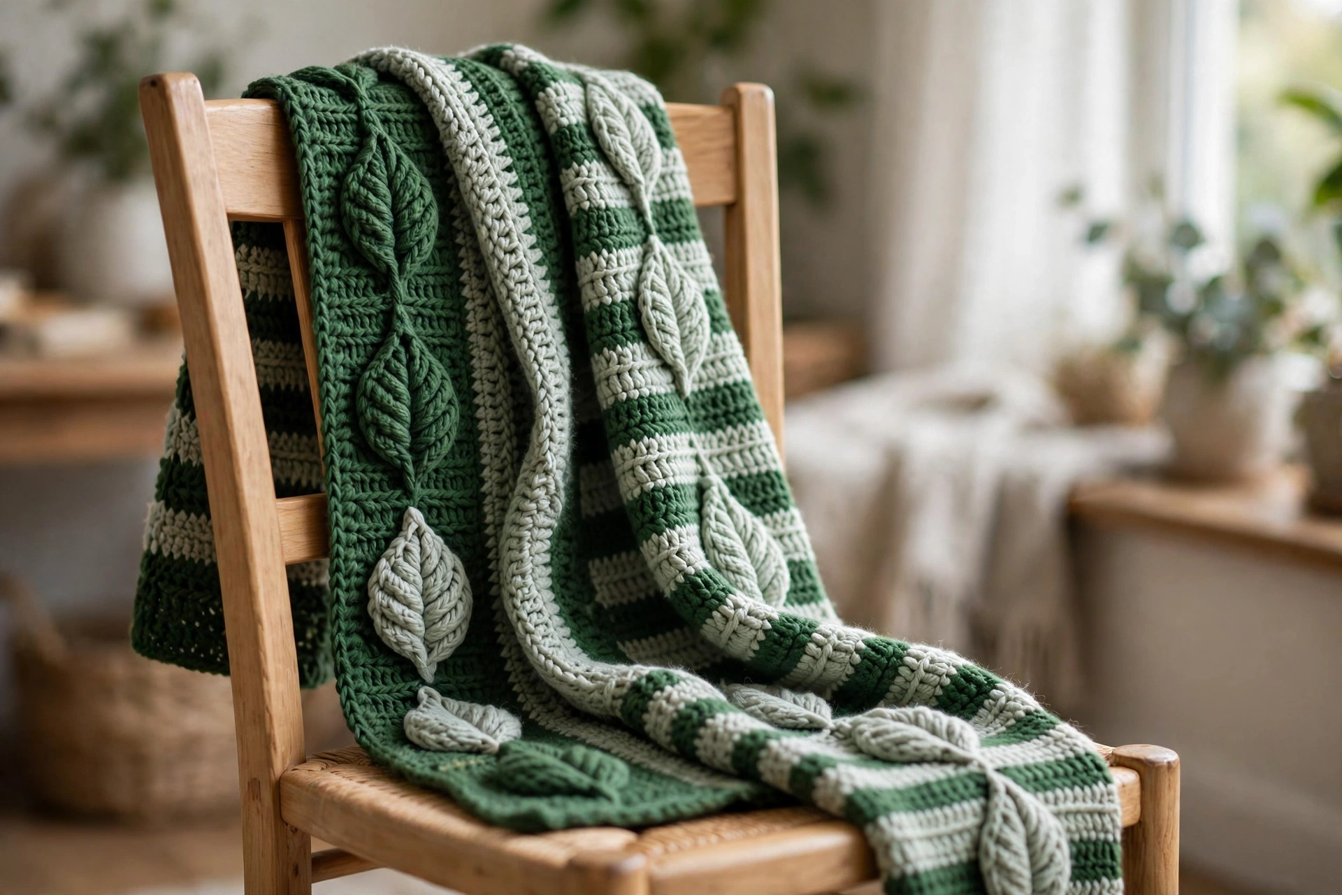 Finished leaf stitch crochet pattern scarf with raised green leaves draped over a wooden chair
