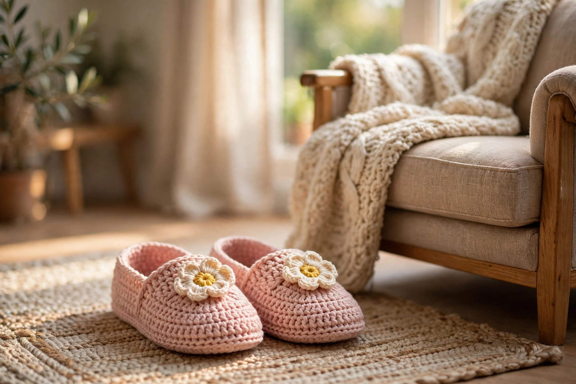 Finished pair of blush pink flower slippers crochet pattern with cream flowers on top, on a rug beside a cosy armchair