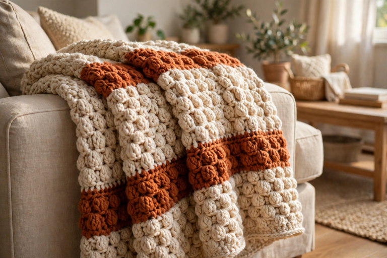 Finished cosy clusters blanket crochet pattern throw in warm cream and rust draped over a sofa