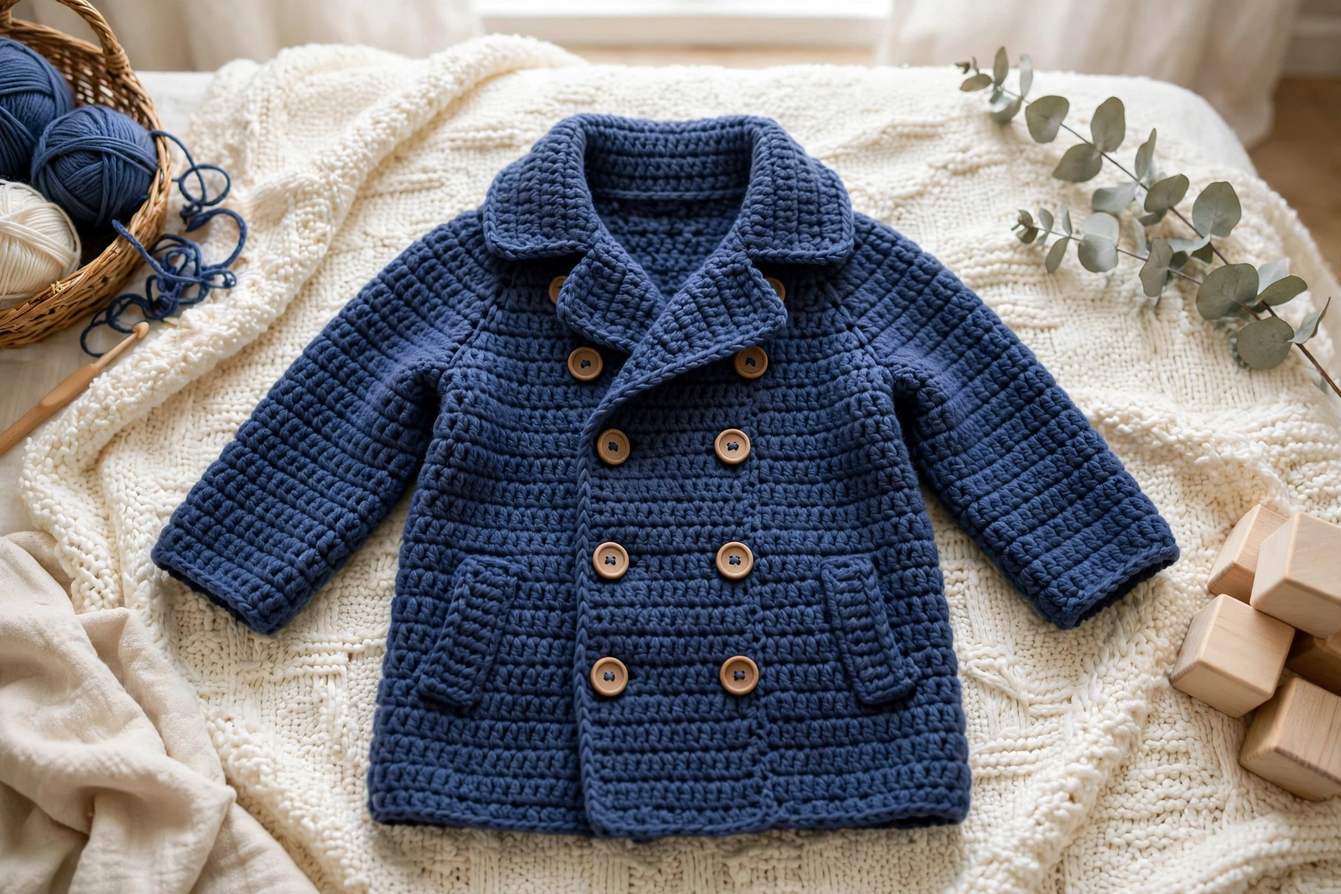 Finished baby peacoat crochet pattern in soft navy with two neat button columns and a folded collar, laid on a cream nursery blanket