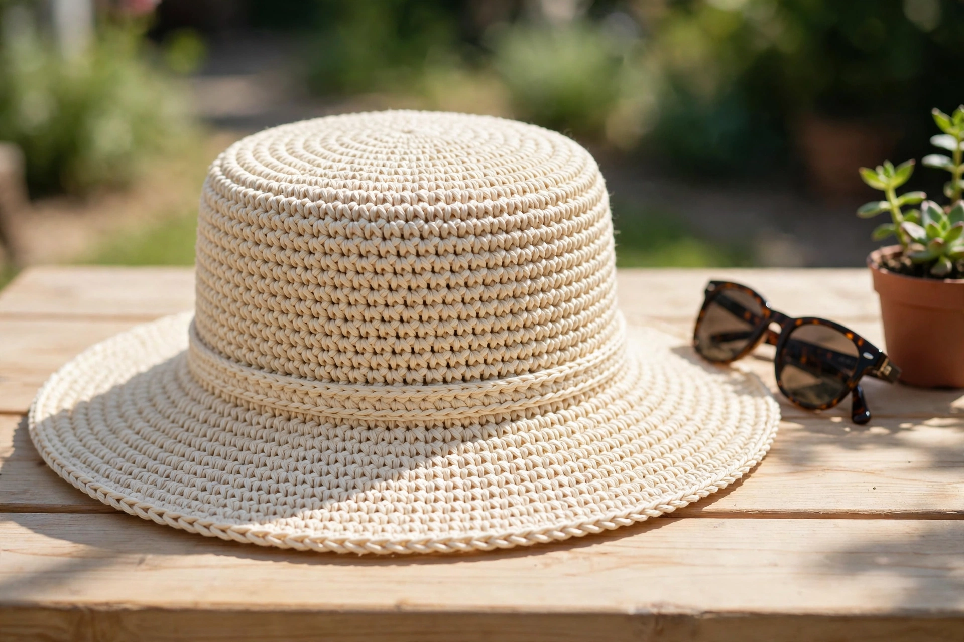 Finished panama hat crochet pattern in natural ecru cotton with a wide brim and simple band on a summer table