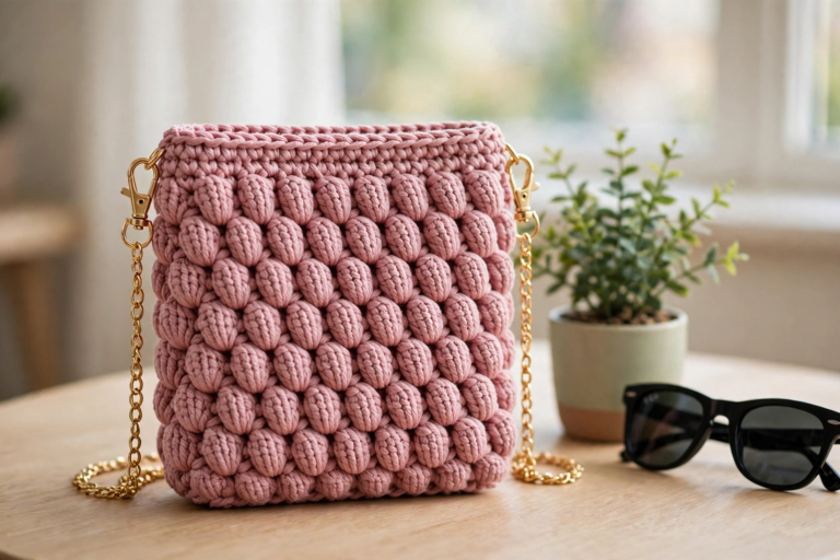 Finished bean stitch purse crochet pattern in dusty pink cotton with a gold chain strap on a boutique table