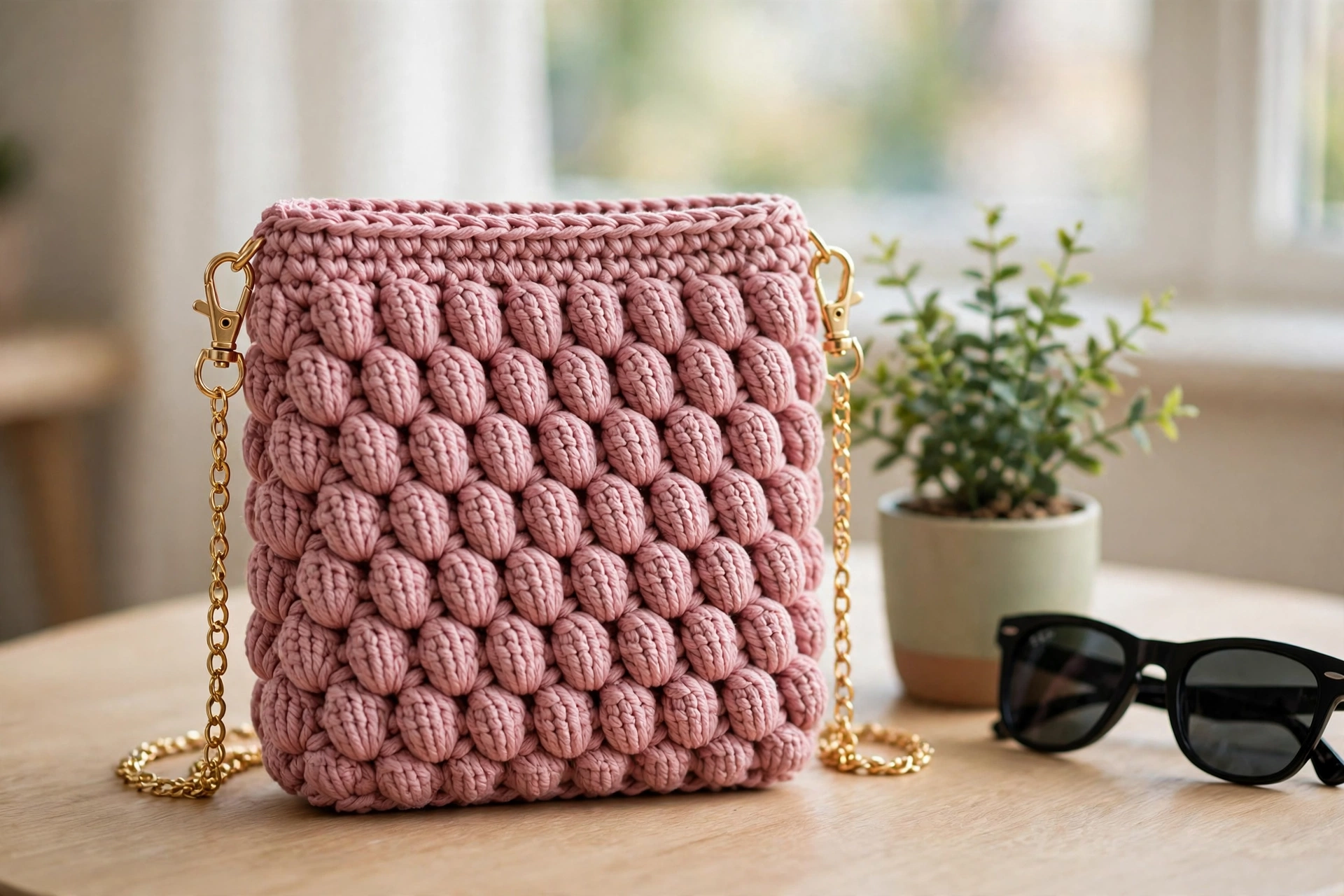 Finished bean stitch purse crochet pattern in dusty pink cotton with a gold chain strap on a boutique table