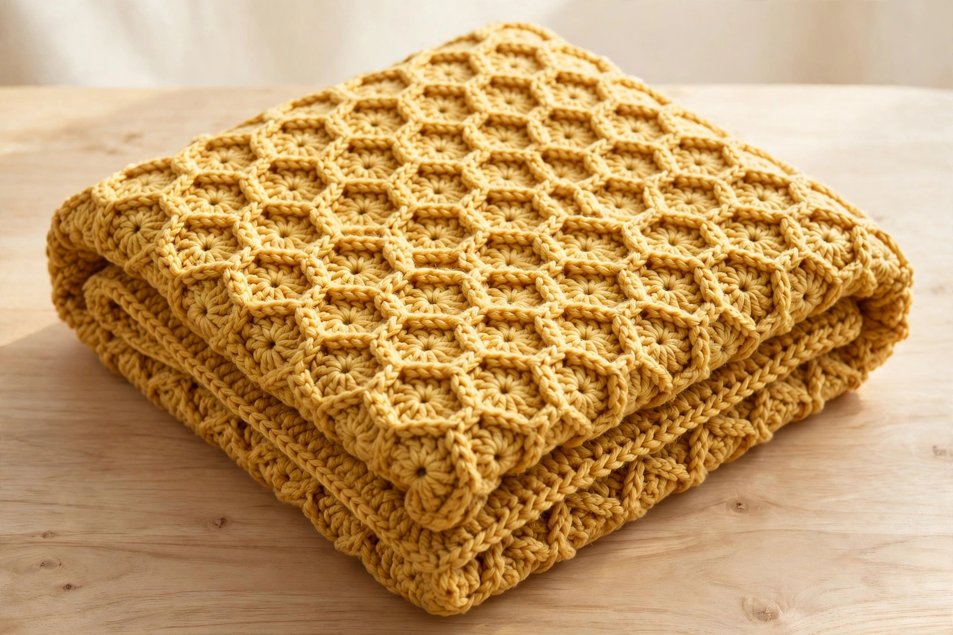 Finished golden honeycomb stitch crochet pattern baby blanket with raised hexagon cells folded on a wooden table
