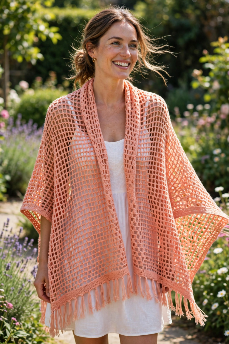Finished breezy mesh poncho in soft coral cotton, the hero make from our crochet summer poncho patterns