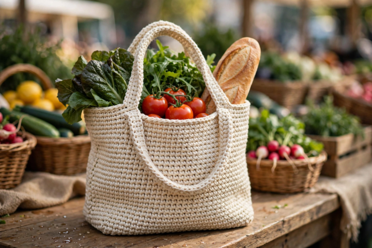 A finished ecru market tote from our crochet bag patterns, filled with vegetables at a market stall
