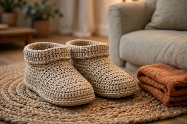 A finished pair of oatmeal crochet house slippers from our crochet house slippers patterns, resting beside a sofa in warm indoor light