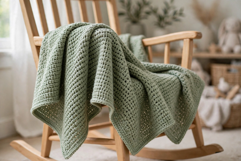 Finished soft sage blanket from our crochet baby blanket patterns, draped over a nursery chair