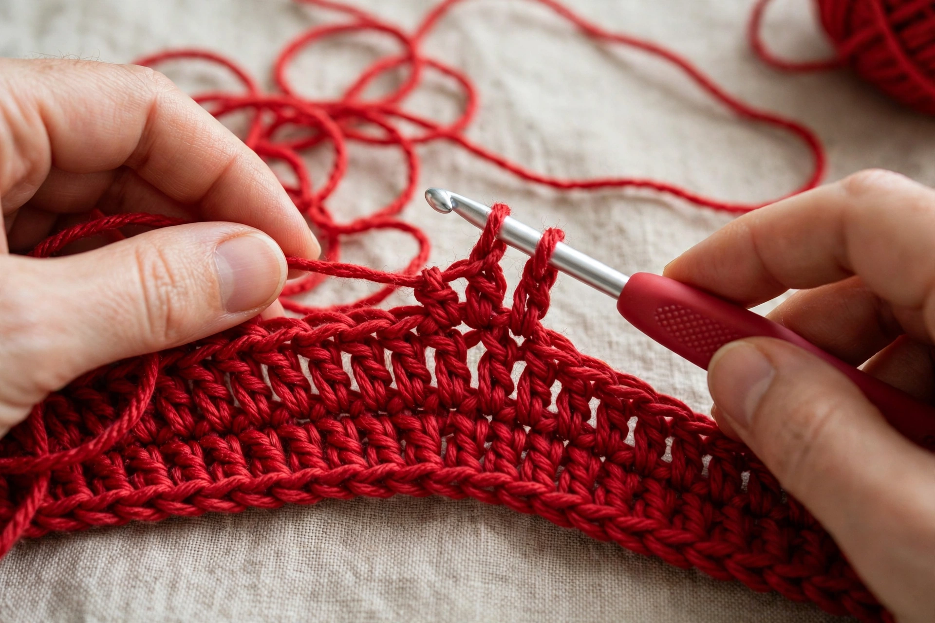 Step 1: Chaining foundation and working first row of red half-double crochet