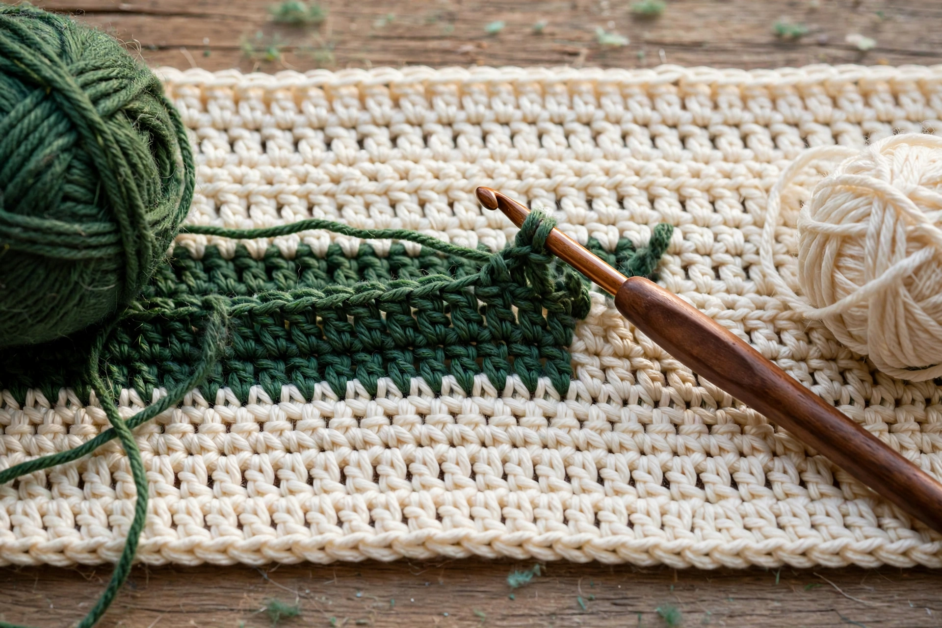 Step 4: Working forest green stripe between two cream stripes