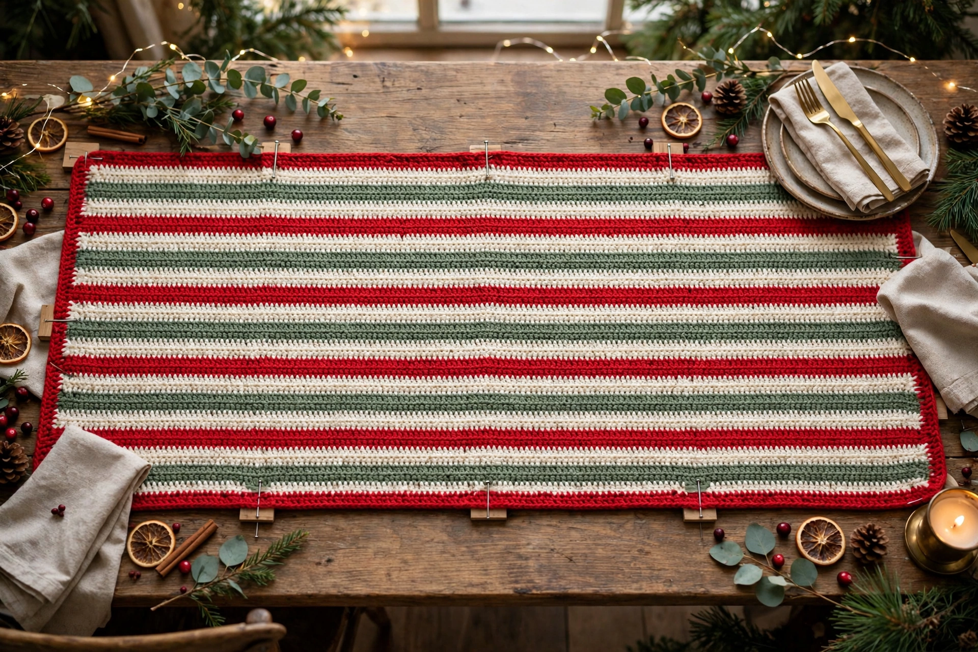 Step 8: Working Border Round 2 in red, weaving in ends, and blocking finished runner
