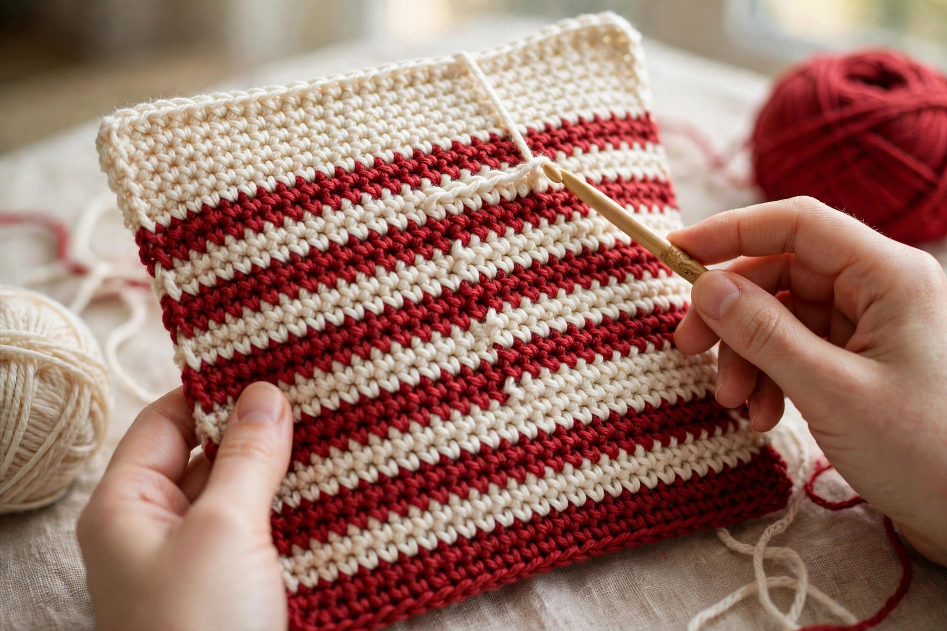 Step 1: Crochet front panel in red and cream stripes