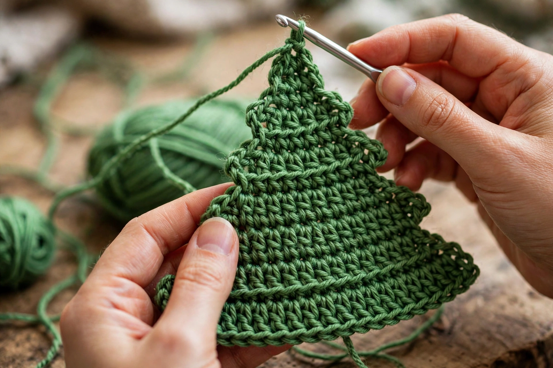 Step 3: Crochet green Christmas tree applique, decreasing from wide base to pointed top