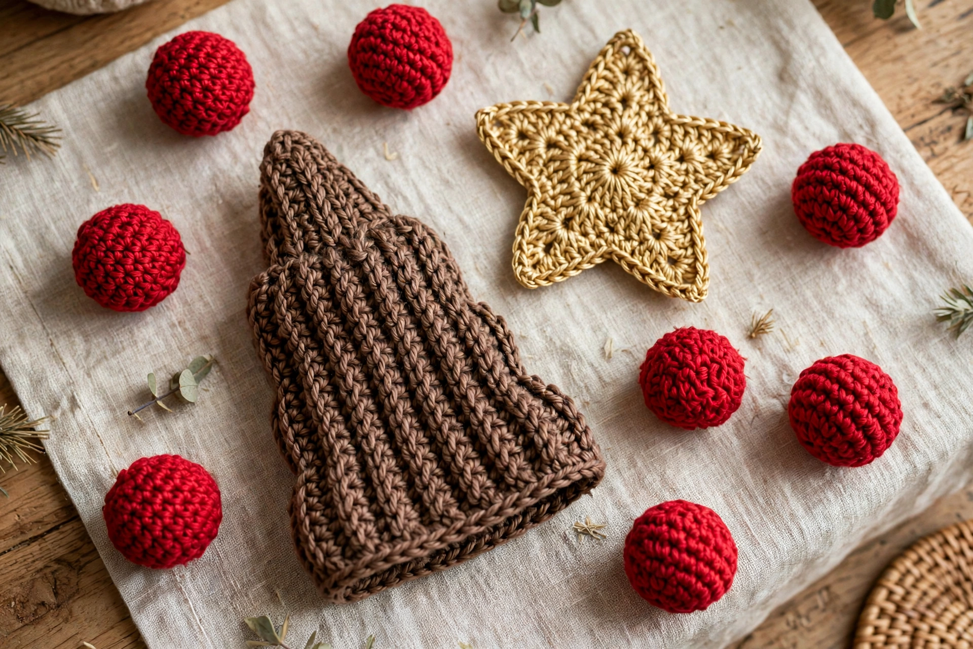 Step 4: Crochet small finishing pieces: brown trunk, gold star, six red baubles
