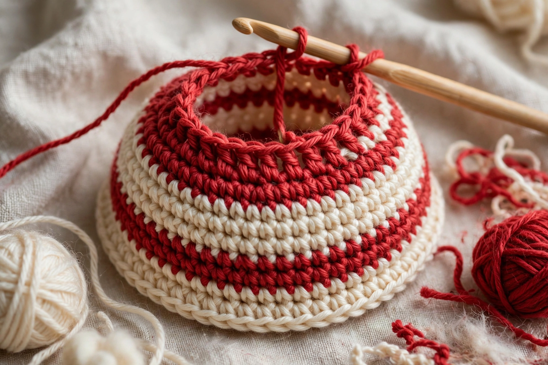 Step 2: Building stripes, continuing increases to 48 stitches, changing colour every two rounds