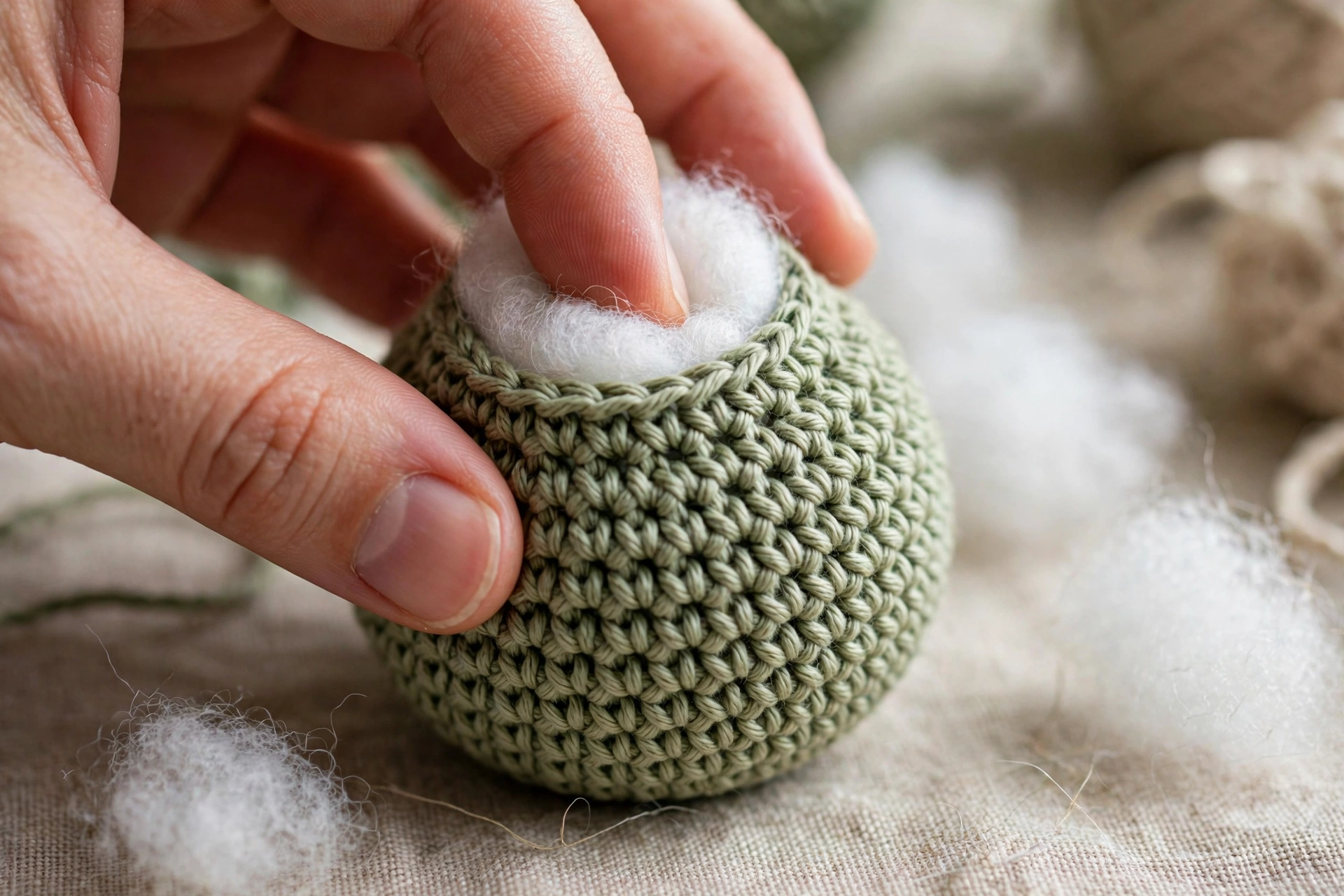 Step 5: Stuffing bauble, filling firmly and shaping round before opening gets small