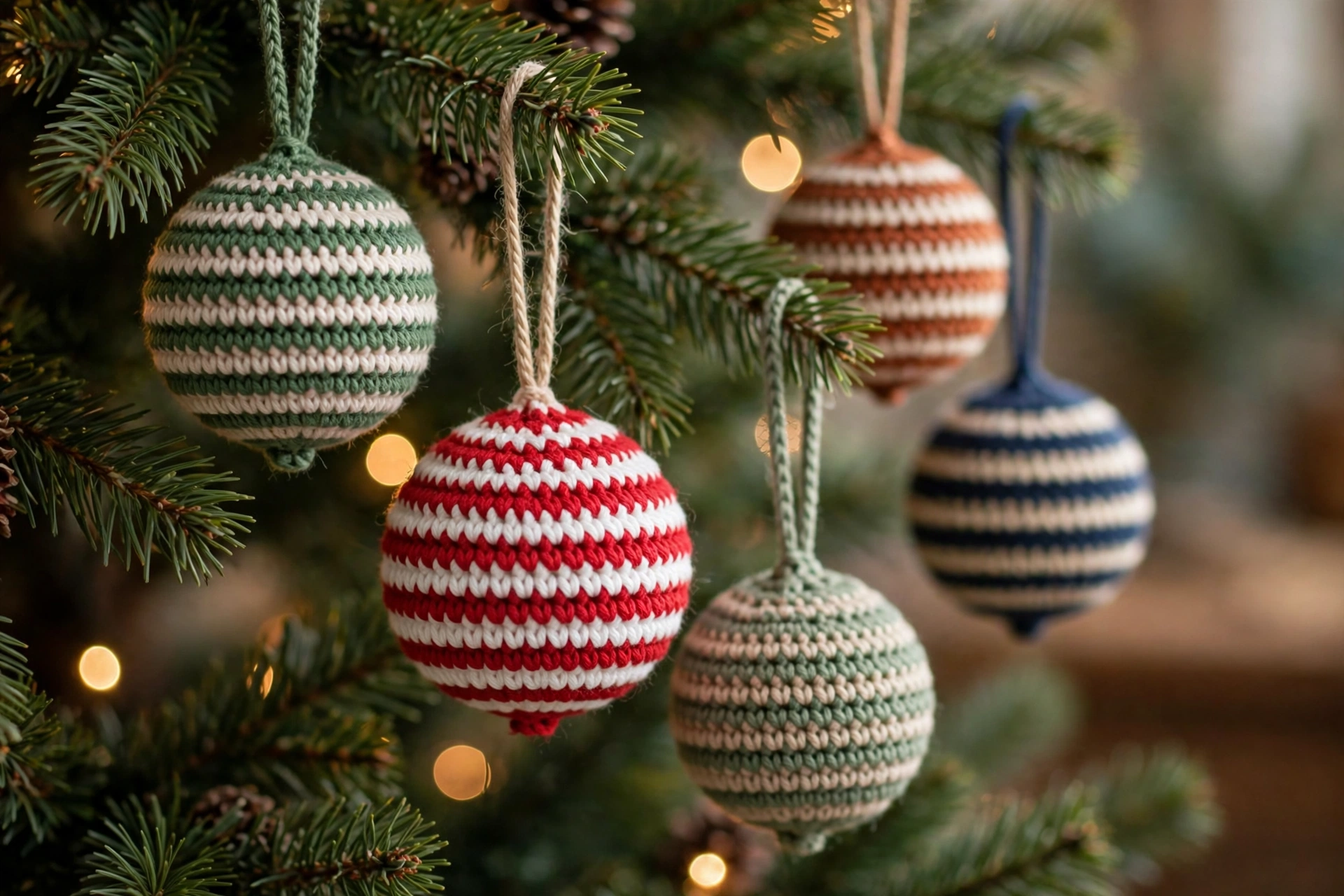Step 8: Finishing and displaying, weaving in ends, rolling bauble round, hanging finished striped ornament
