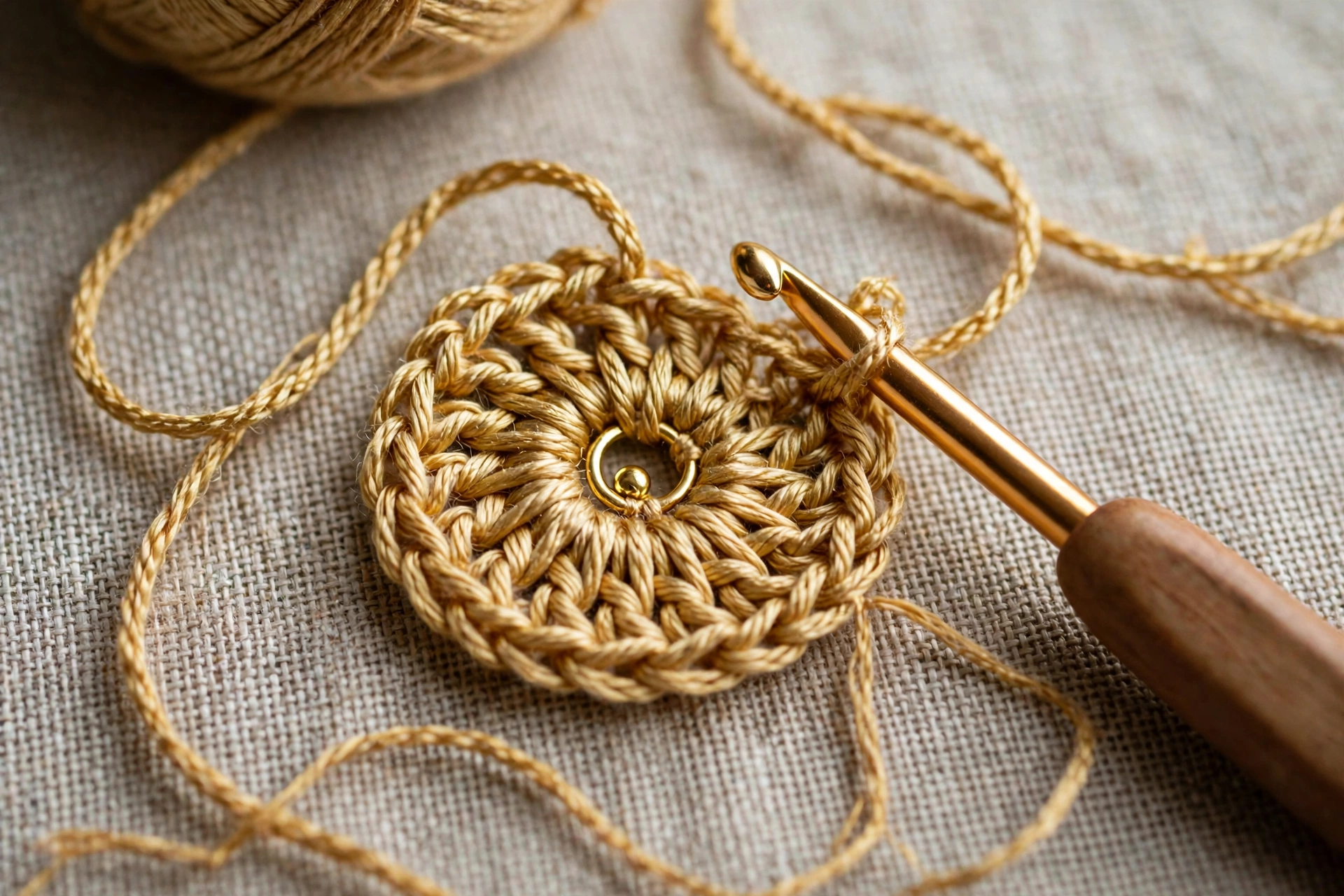 Step 1: Make gold magic ring and work Round 1, small gold centre dot