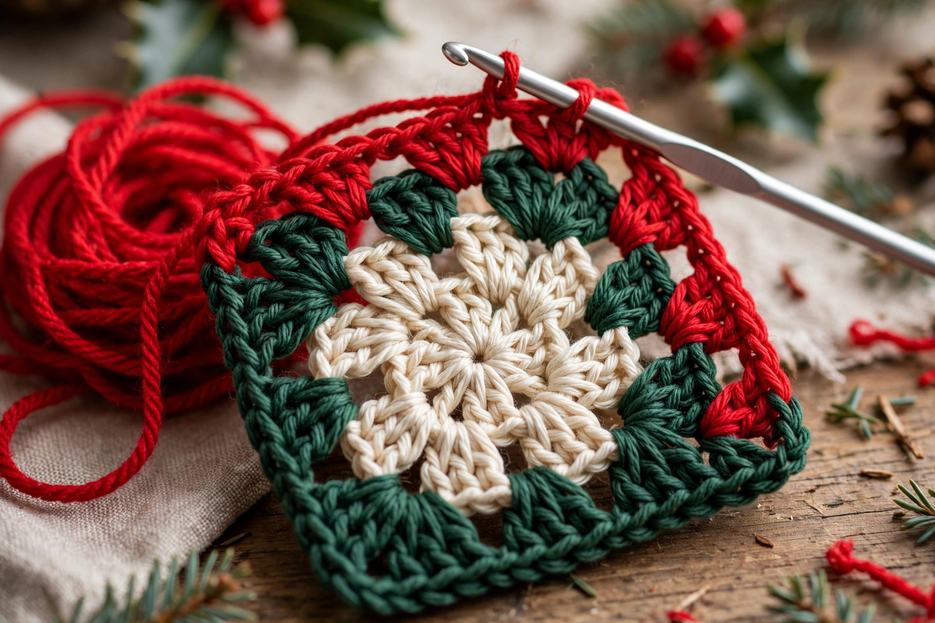Step 5: Work Round 5 in red, second granny round, three side groups per side