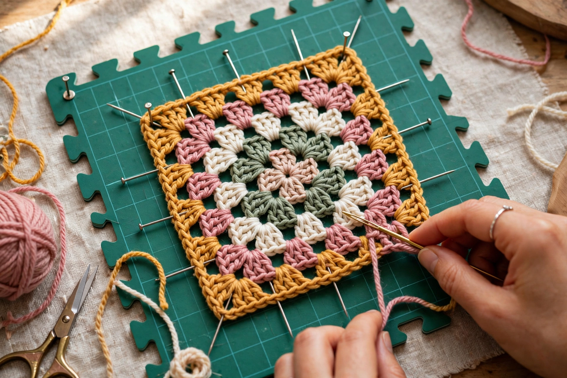 Step 7: Weave in all ends and block square to 15 cm x 15 cm
