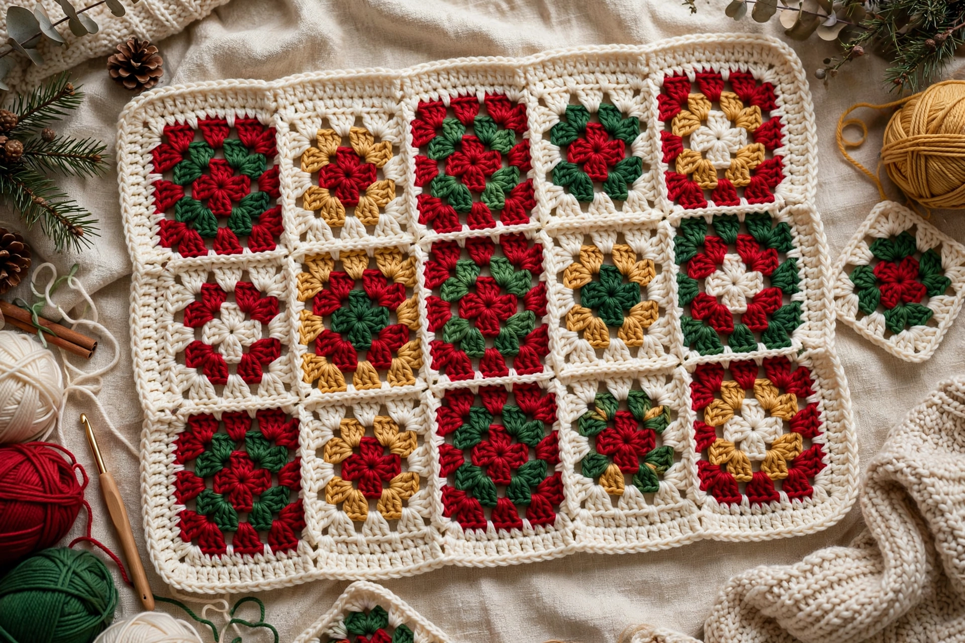 Step 8: Join finished squares edge to edge into rows, then join rows into runner, cushion, or blanket, with optional single crochet border