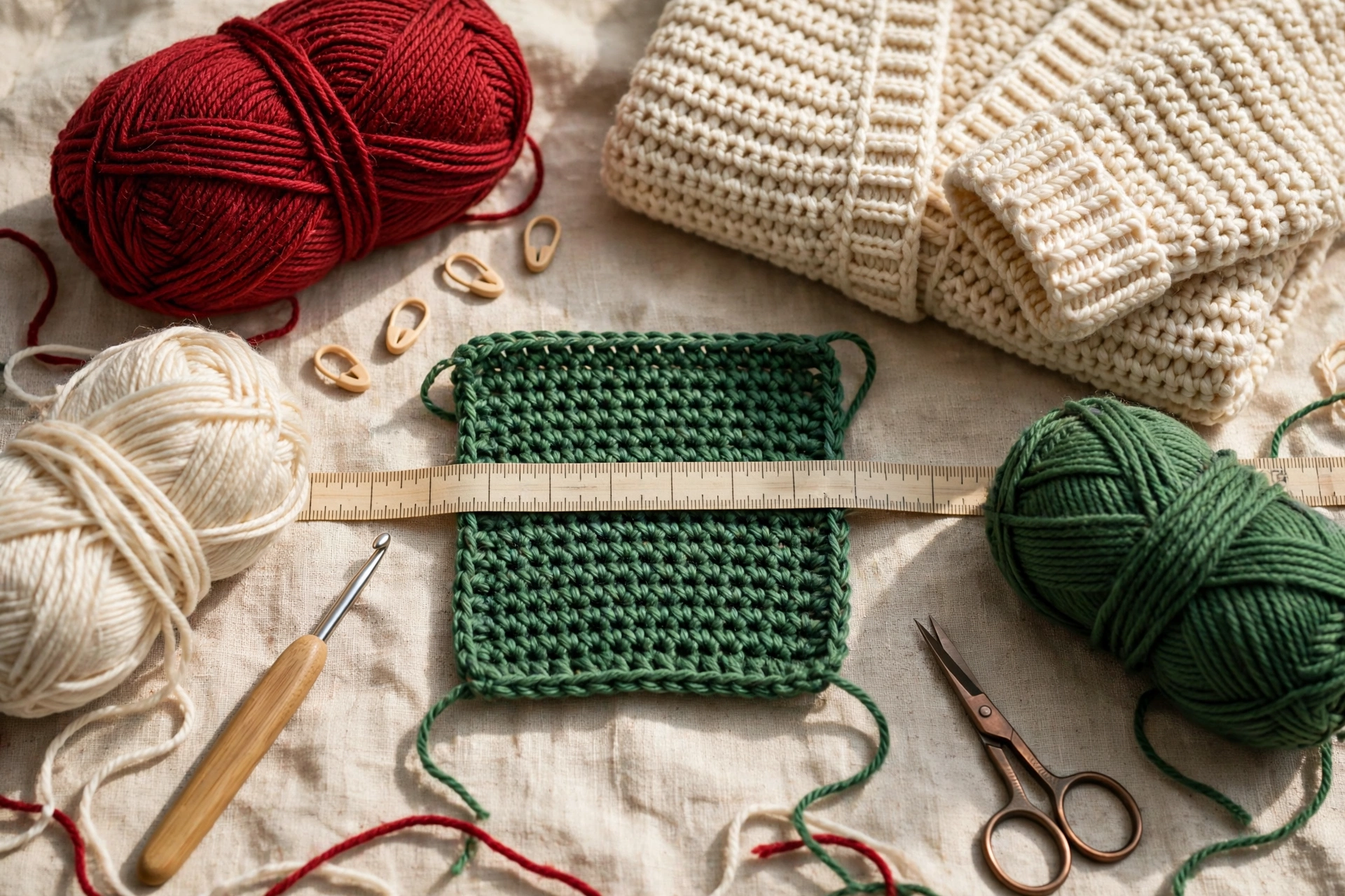 Step 1: Yarn in red, cream and green, 5.5 mm hook, and a small half double crochet gauge swatch being measured