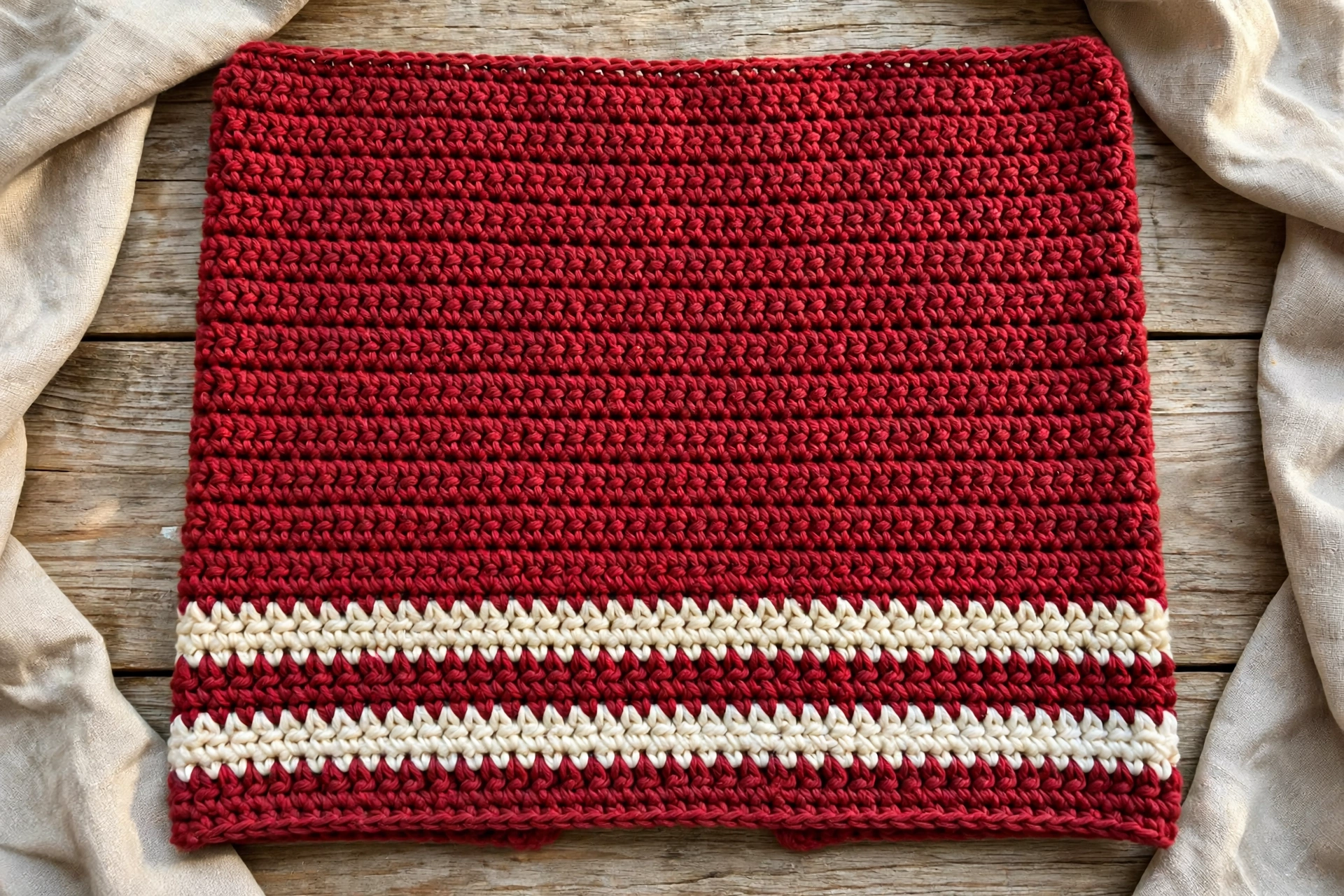 Step 2: Wide red back piece with two cream stripes near the hem, worked from hem up