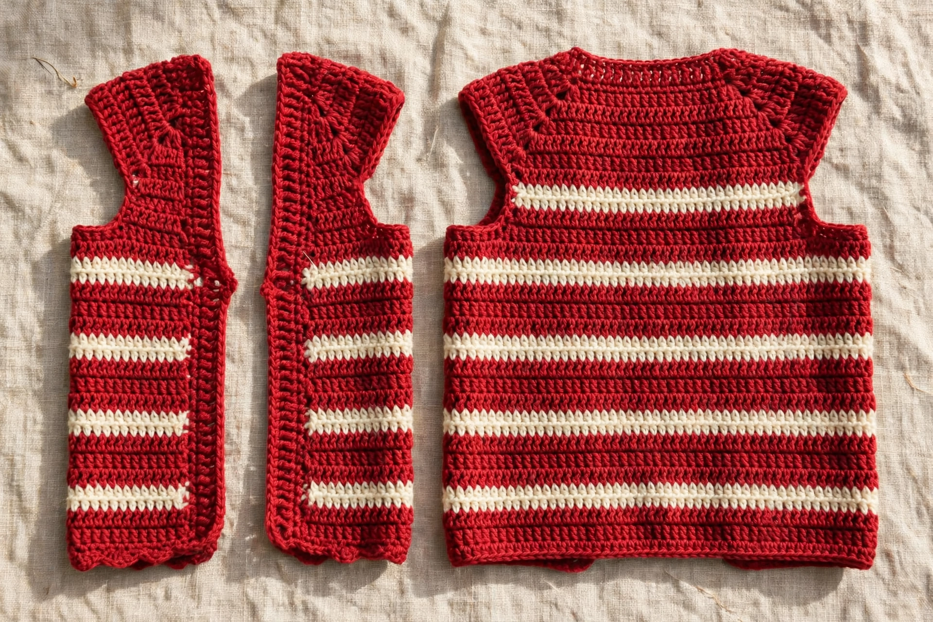 Step 3: Two narrower red front pieces with matching cream stripes, laid beside the back